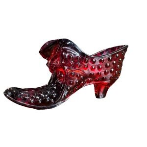 Fenton Glass Ruby Red Hobnail Cat Head Slipper Shoe Vintage